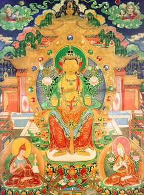 Maitreya im Himmel. Tushita. Buddhistisches Tanka.